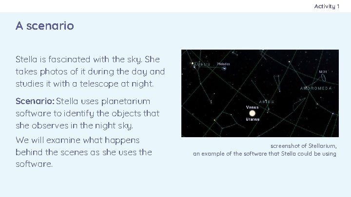 Activity 1 A scenario Stella is fascinated with the sky. She takes photos of