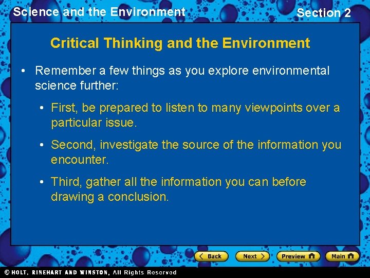 Science and the Environment Section 2 Critical Thinking and the Environment • Remember a