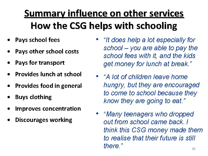 Summary influence on other services How the CSG helps with schooling Pays school fees