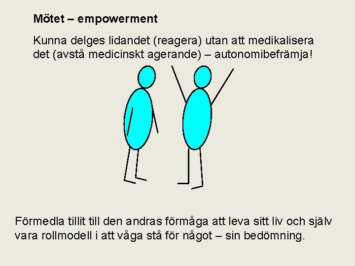 Mötet – empowerment Kunna delges lidandet (reagera) utan att medikalisera det (avstå medicinskt agerande)