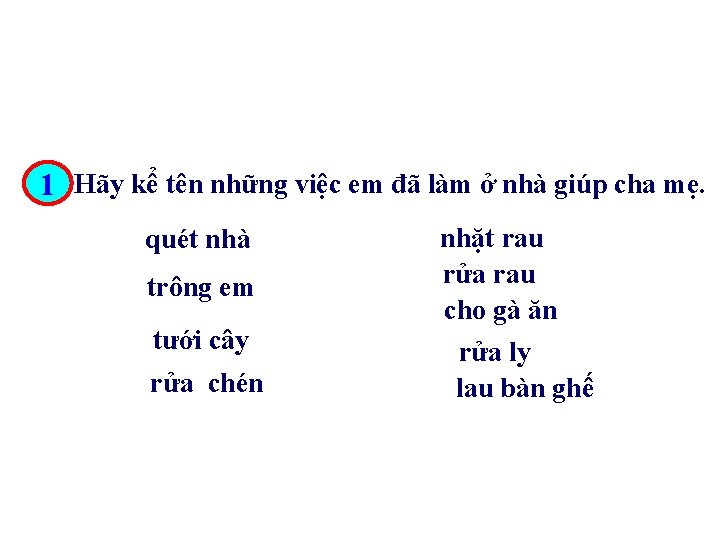 1 Hãy kể tên những việc em đã làm ở nhà giúp cha mẹ.