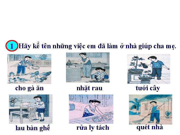 1 Hãy kể tên những việc em đã làm ở nhà giúp cha mẹ.