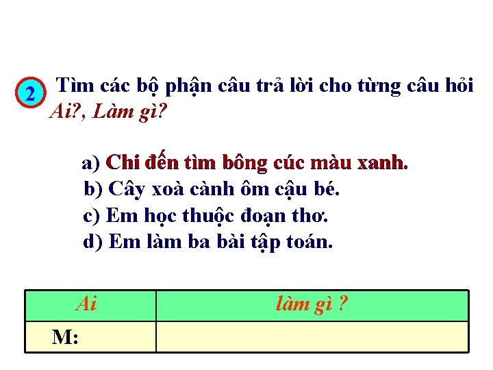 2 Tìm các bộ phận câu trả lời cho từng câu hỏi Ai? ,