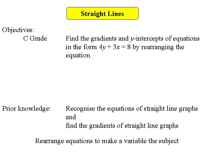 Straight Lines Objectives: C Grade Prior knowledge: Find the gradients and y-intercepts of equations