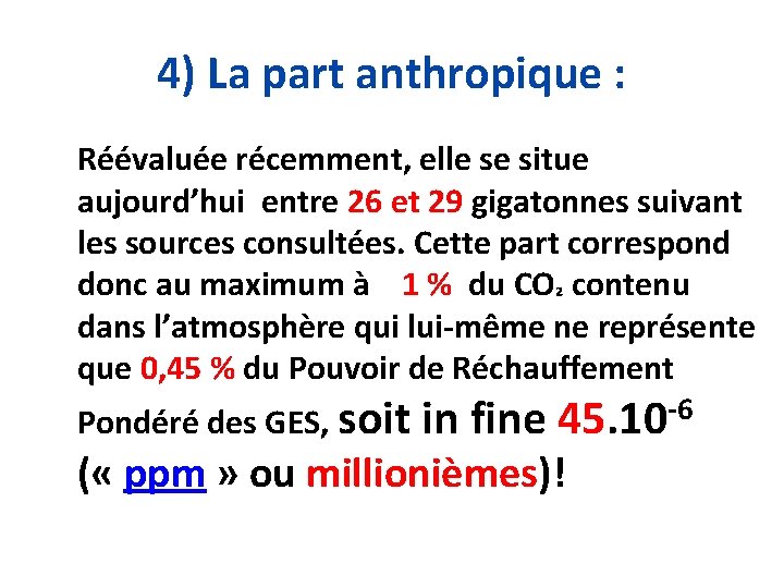 4) La part anthropique : Réévaluée récemment, elle se situe aujourd’hui entre 26 et