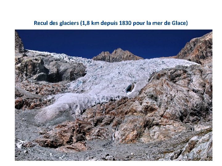 Recul des glaciers (1, 8 km depuis 1830 pour la mer de Glace) 