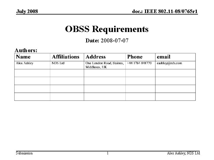 July 2008 doc. : IEEE 802. 11 -08/0765 r 1 OBSS Requirements Date: 2008