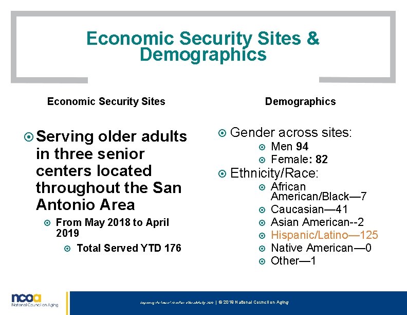 Economic Security Sites & Demographics Economic Security Sites Serving older adults in three senior