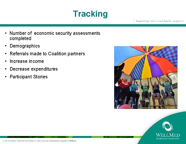 Tracking • Number of economic security assessments completed • Demographics • Referrals made to