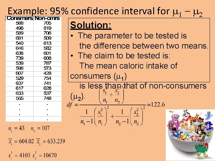 Example: 95% confidence interval for 1 – 2 Solution: • The parameter to be