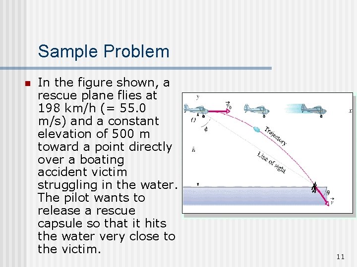 Sample Problem n In the figure shown, a rescue plane flies at 198 km/h