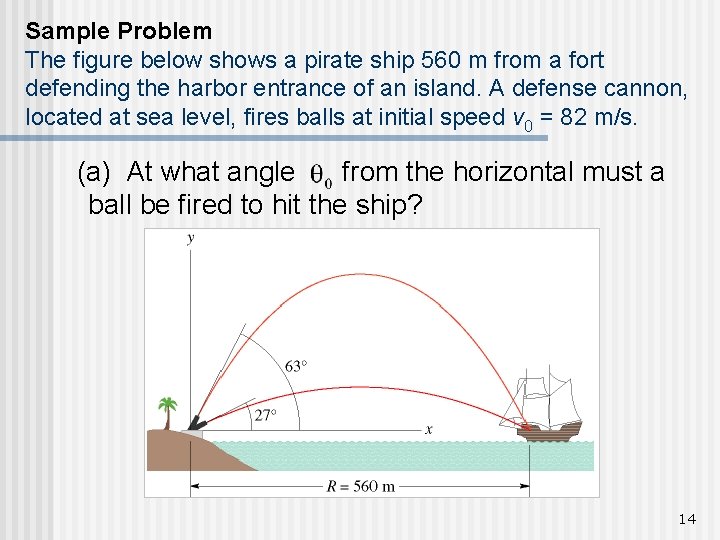 Sample Problem The figure below shows a pirate ship 560 m from a fort