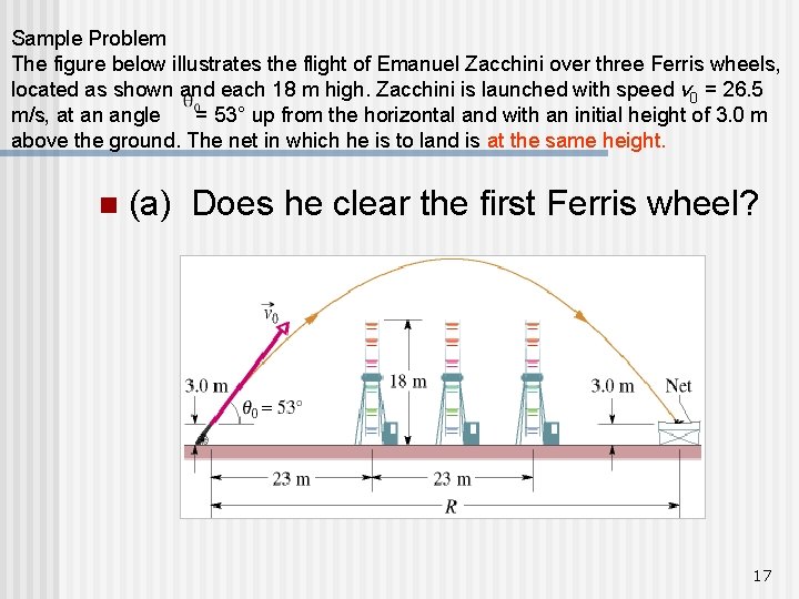 Sample Problem The figure below illustrates the flight of Emanuel Zacchini over three Ferris