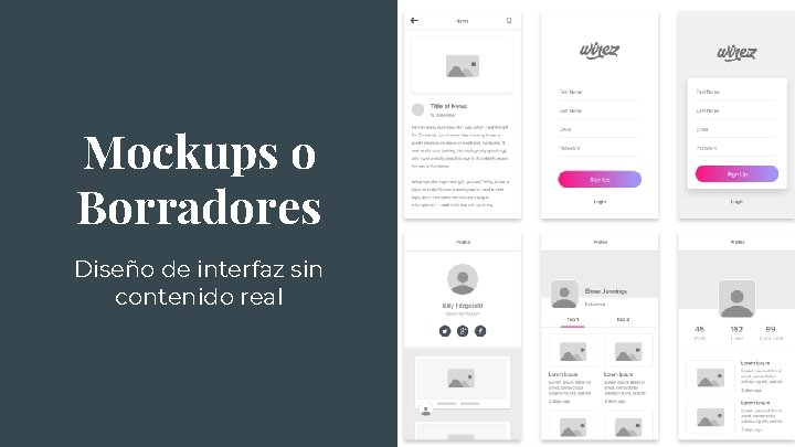 Mockups o Borradores Diseño de interfaz sin contenido real 