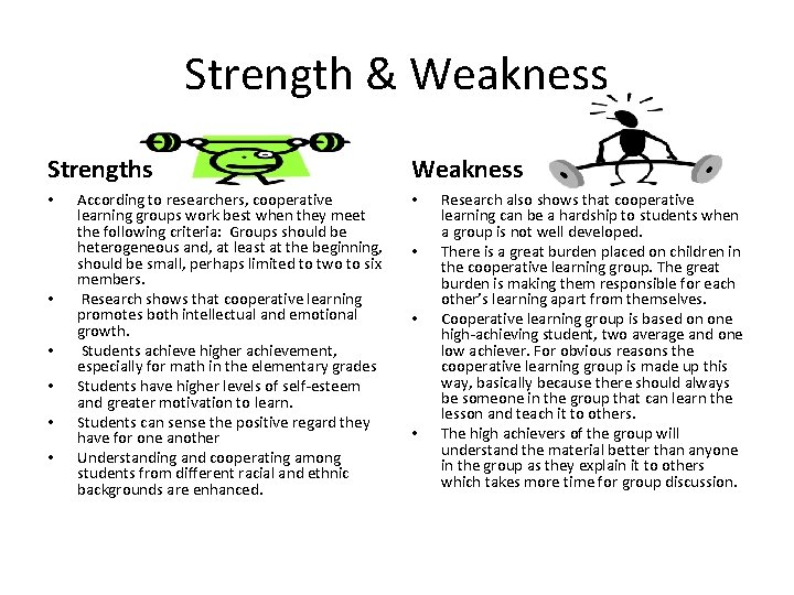 Strength & Weakness Strengths • • • According to researchers, cooperative learning groups work