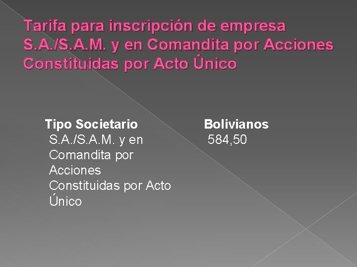 Tarifa para inscripción de empresa S. A. /S. A. M. y en Comandita por