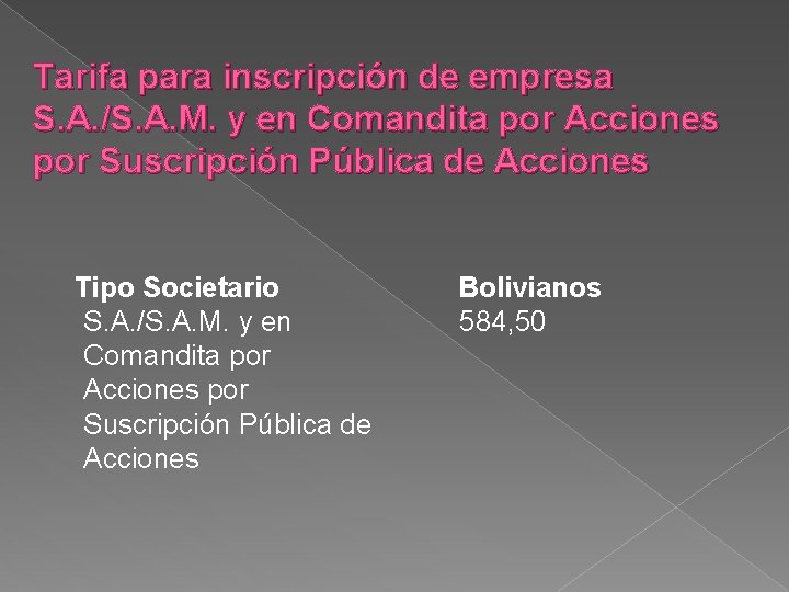 Tarifa para inscripción de empresa S. A. /S. A. M. y en Comandita por