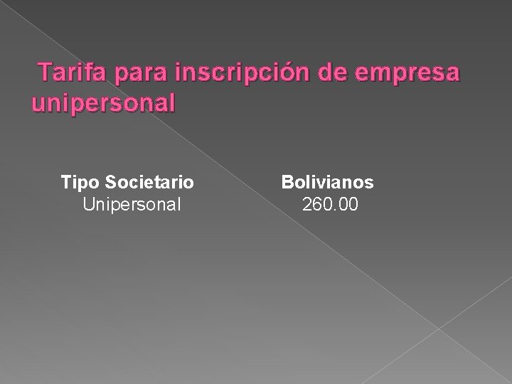 Tarifa para inscripción de empresa unipersonal Tipo Societario Unipersonal Bolivianos 260. 00 