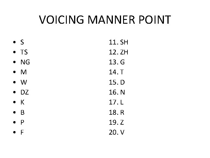 VOICING MANNER POINT • • • S TS NG M W DZ K B