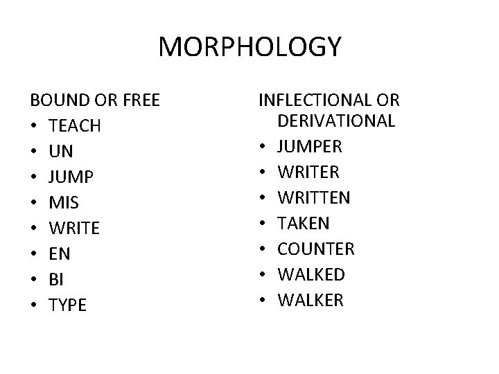 MORPHOLOGY BOUND OR FREE • TEACH • UN • JUMP • MIS • WRITE