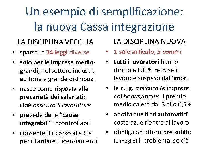 Un esempio di semplificazione: la nuova Cassa integrazione LA DISCIPLINA VECCHIA LA DISCIPLINA NUOVA