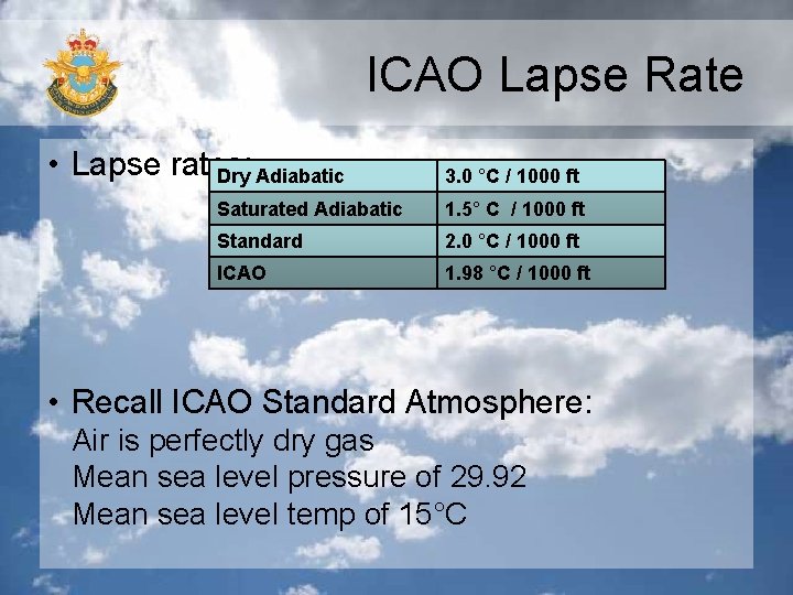 ICAO Lapse Rate • Lapse rates: Dry Adiabatic 3. 0 °C / 1000 ft