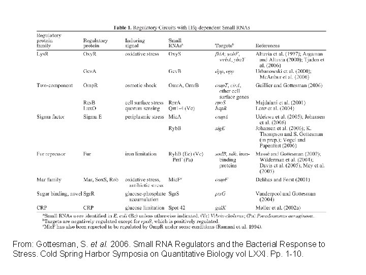 From: Gottesman, S. et al. 2006. Small RNA Regulators and the Bacterial Response to