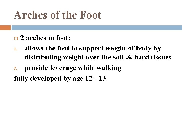 Arches of the Foot 2 arches in foot: 1. allows the foot to support