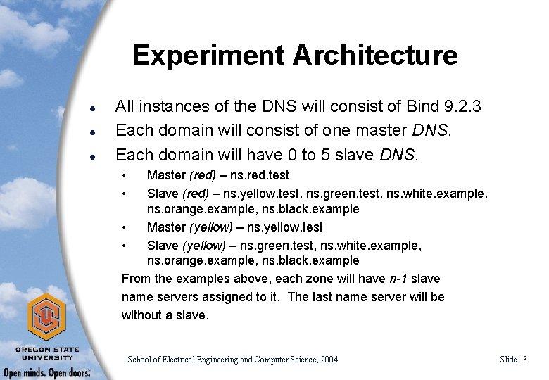 Experiment Architecture l l l All instances of the DNS will consist of Bind