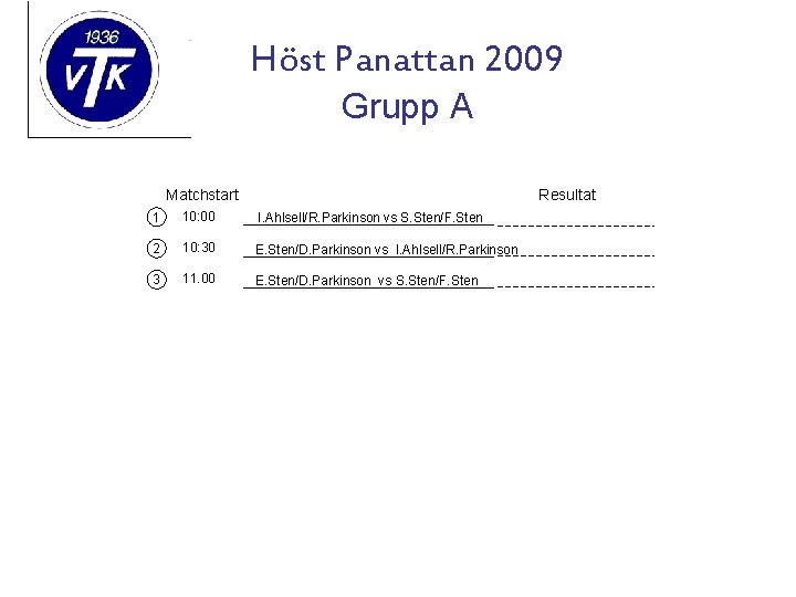 Höst Panattan 2009 Grupp A Matchstart Resultat 1 10: 00 I. Ahlsell/R. Parkinson vs