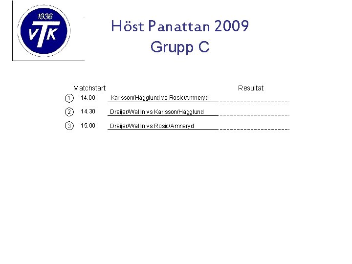 Höst Panattan 2009 Grupp C Matchstart Resultat 1 14. 00 Karlsson/Hägglund vs Rosic/Amneryd 2