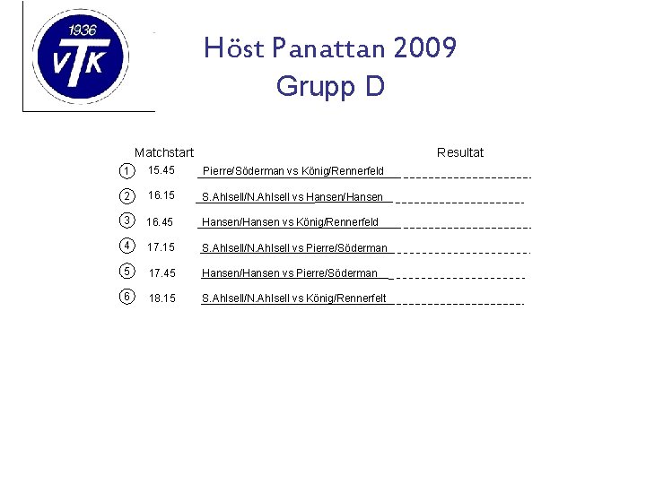 Höst Panattan 2009 Grupp D Matchstart Resultat 1 15. 45 Pierre/Söderman vs König/Rennerfeld 2