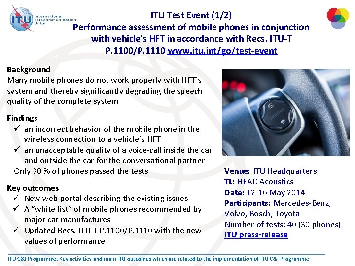 ITU Test Event (1/2) Performance assessment of mobile phones in conjunction with vehicle's HFT