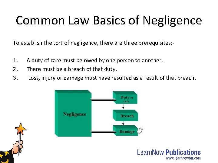 Common Law Basics of Negligence To establish the tort of negligence, there are three