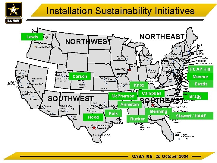 Installation Sustainability Initiatives Fort Lewis Yakima Training Center NORTHEAST NORTHWEST USAG Selfridge Fort Mc.