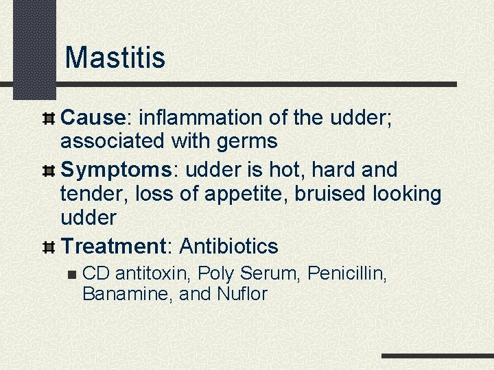 Mastitis Cause: inflammation of the udder; associated with germs Symptoms: udder is hot, hard