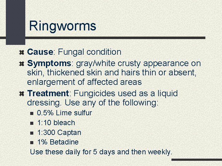 Ringworms Cause: Fungal condition Symptoms: gray/white crusty appearance on skin, thickened skin and hairs