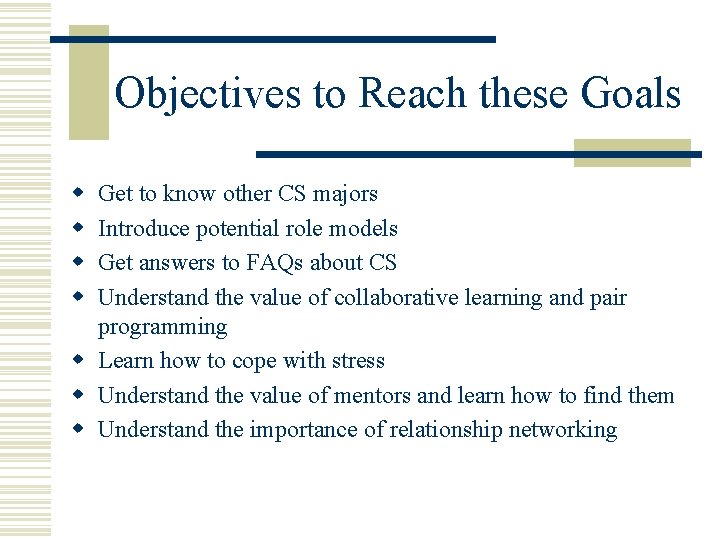 Objectives to Reach these Goals w w Get to know other CS majors Introduce Objectives to Reach these Goals w w Get to know other CS majors Introduce
