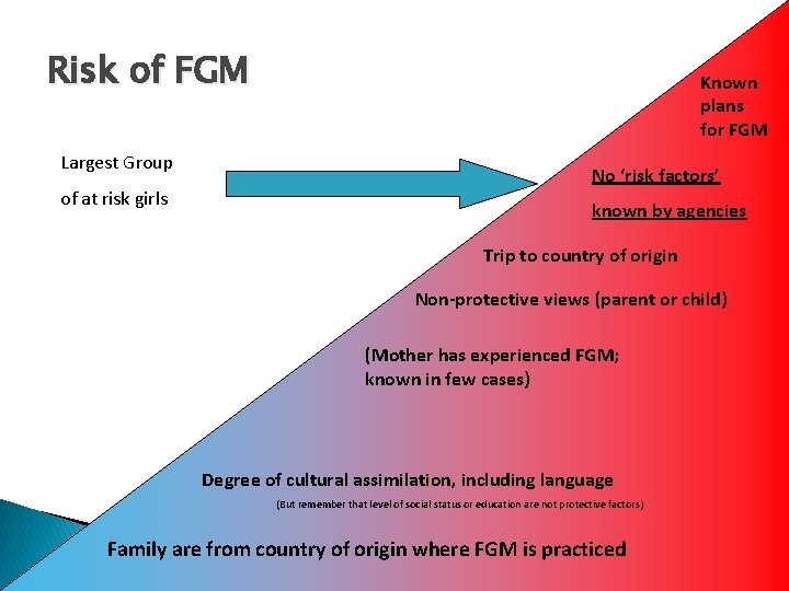 Risk of FGM Largest Group of at risk girls Known plans for FGM No
