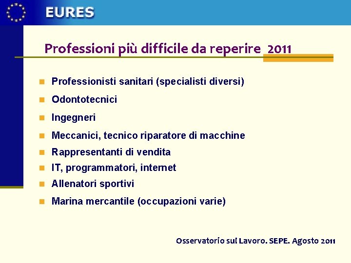 Professioni più difficile da reperire 2011 n Professionisti sanitari (specialisti diversi) n Odontotecnici n