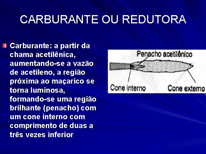 CARBURANTE OU REDUTORA Carburante: a partir da chama acetilênica, aumentando-se a vazão de acetileno,