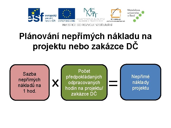 Plánování nepřímých nákladu na projektu nebo zakázce DČ Sazba nepřímých nákladů na 1 hod.