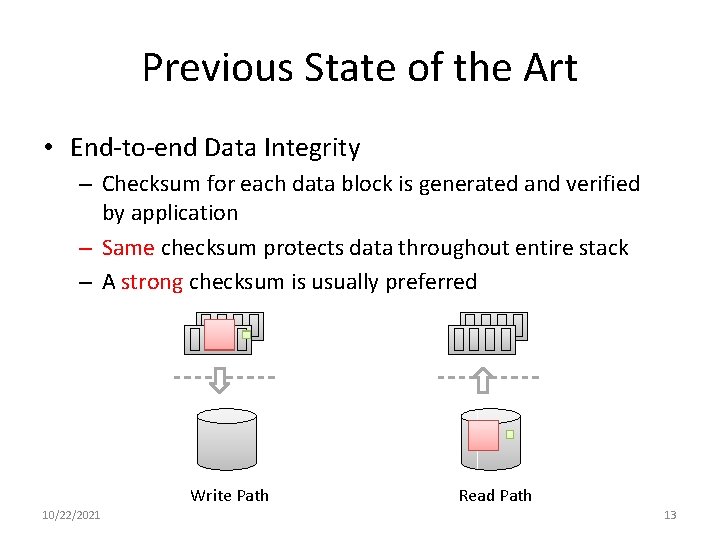 Previous State of the Art • End-to-end Data Integrity – Checksum for each data