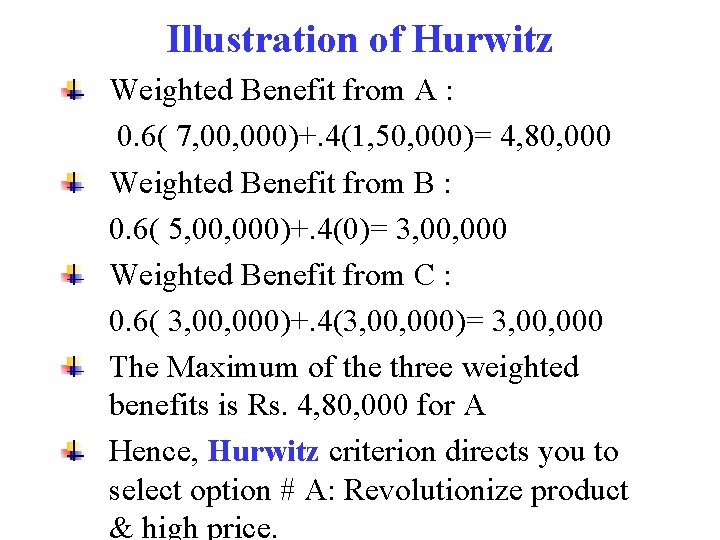 Illustration of Hurwitz Weighted Benefit from A : 0. 6( 7, 000)+. 4(1, 50,