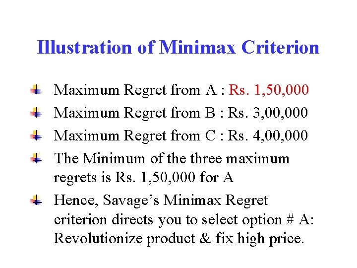 Illustration of Minimax Criterion Maximum Regret from A : Rs. 1, 50, 000 Maximum