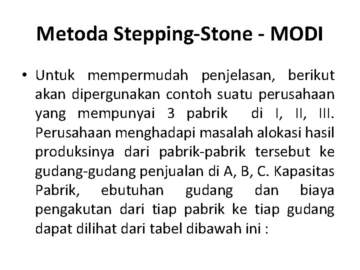 Metoda Stepping-Stone - MODI • Untuk mempermudah penjelasan, berikut akan dipergunakan contoh suatu perusahaan