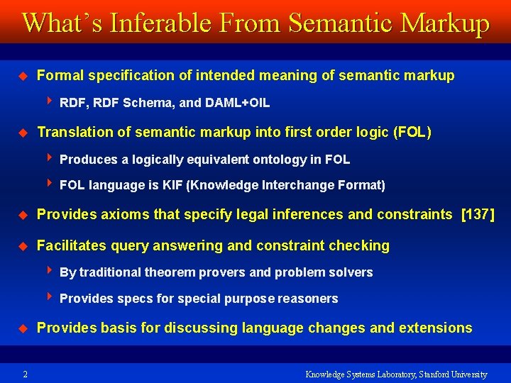 What’s Inferable From Semantic Markup u Formal specification of intended meaning of semantic markup