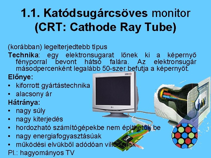 1. 1. Katódsugárcsöves monitor (CRT: Cathode Ray Tube) (korábban) legelterjedtebb típus Technika: egy elektronsugarat
