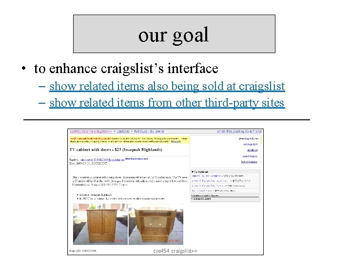 our goal • to enhance craigslist’s interface – show related items also being sold