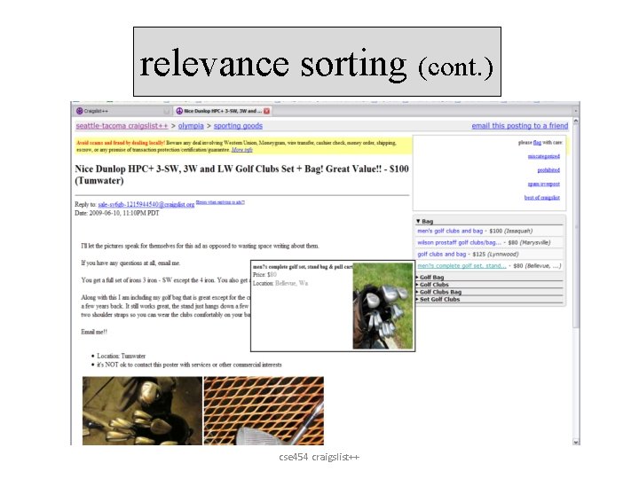 relevance sorting (cont. ) cse 454 craigslist++ 